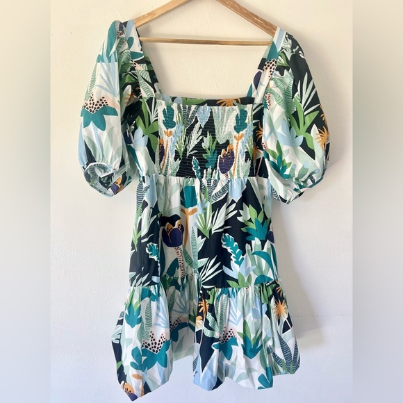 Oliphant Bubble Hem Tropical Leaf Print Puff Sleeve Cotton Mini Dress Medium - Picture 5 of 11